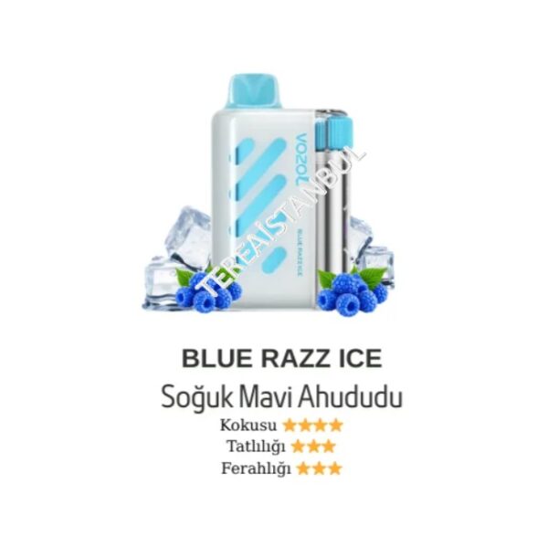 Blue Razz Ice e-liquid bottle with blue design, surrounded by ice cubes and blueberries (label reads 'Blue Razz Ice' and 'Soğuk Mavi Ahududu').
