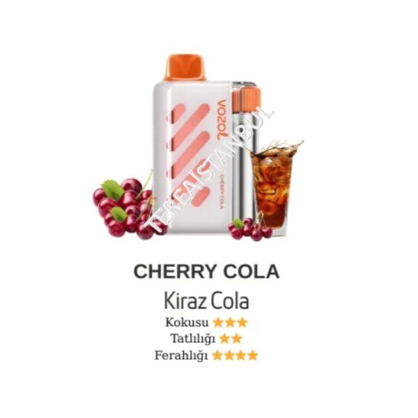 Kiraz Cola product image with a white-orange can, cherries beside a glass of cola, and rating text beneath.