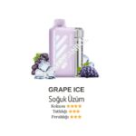 Vape juice bottle labeled Grape Ice with grape clusters and ice cubes beside it, flavor notes in Turkish below (Soğuk Üzüm).