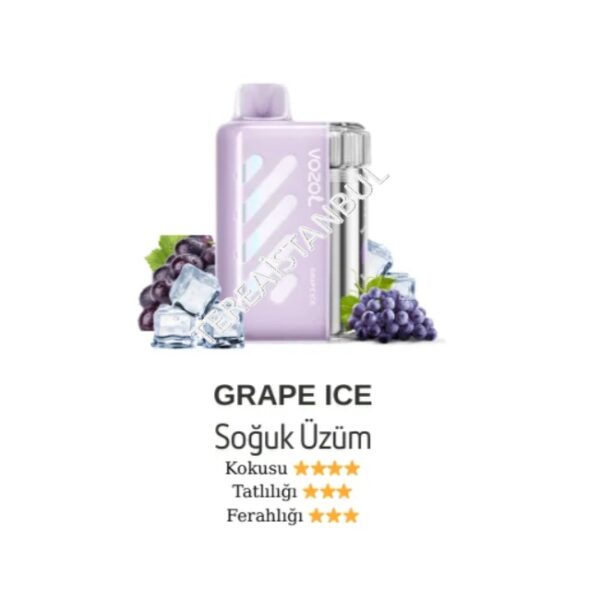 Vape juice bottle labeled Grape Ice with grape clusters and ice cubes beside it, flavor notes in Turkish below (Soğuk Üzüm).
