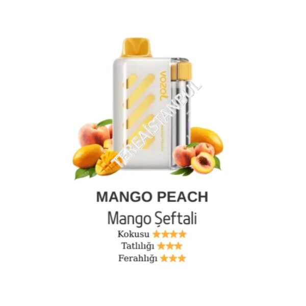 Mango Peach vape device with yellow accents, surrounded by peaches and mangoes; product name displayed below.