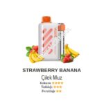 Strawberry-banana flavored vape device with strawberries and bananas around it.